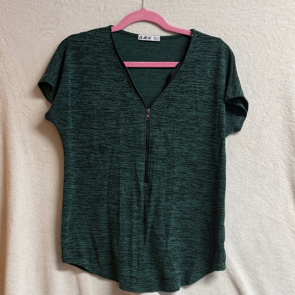 SMX Dark Green Short Sleeve V-Neck Zip Knit Top